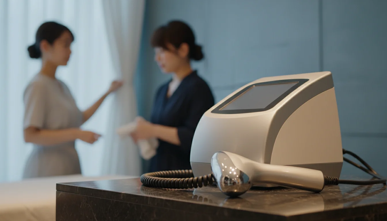 エステサロンの施術台に置かれたボディケア用美容機器の操作部
