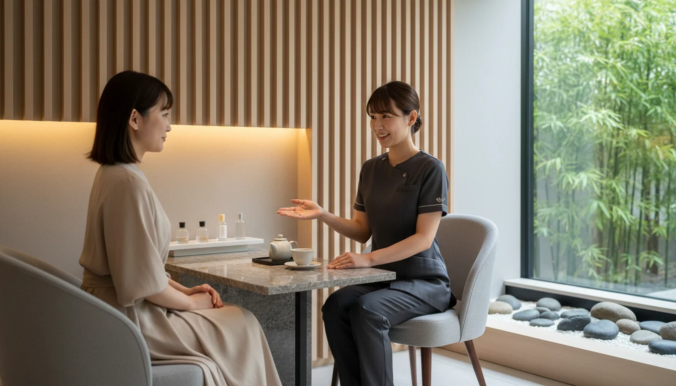 個室でエステティシャンが女性のお客様にカウンセリングを行う様子